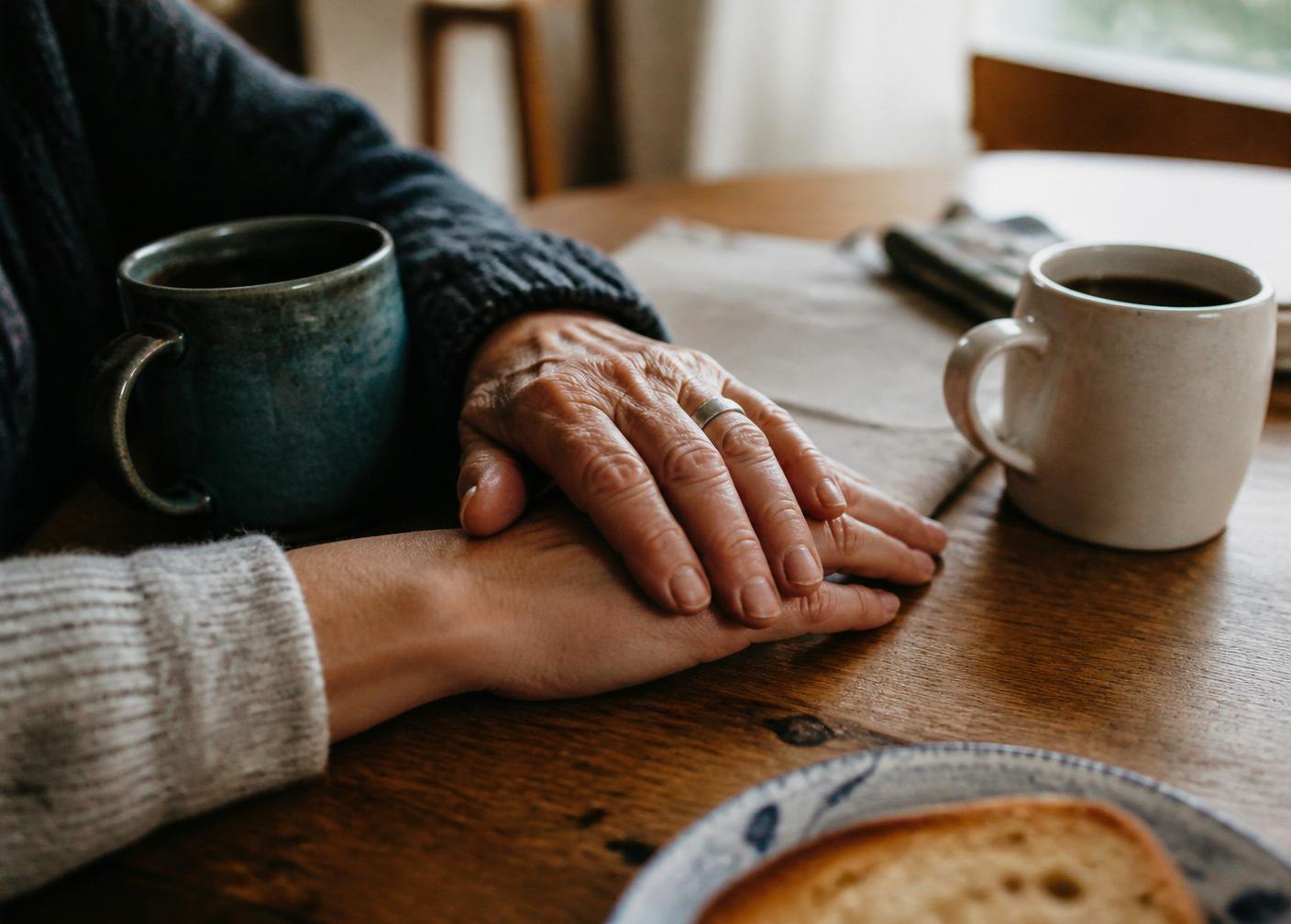 Two hands resting together on a kitchen table