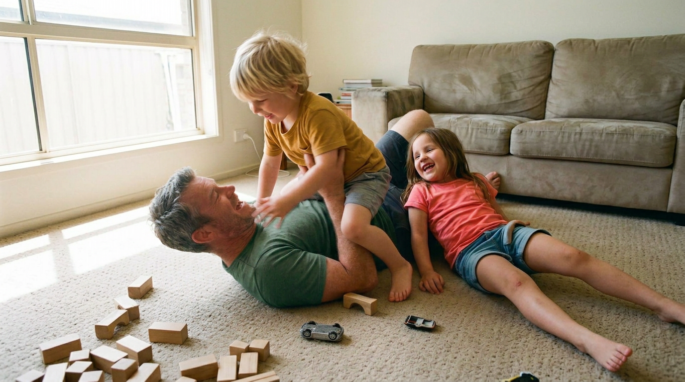 Still frame: the kids climbing over James in the middle of the living room